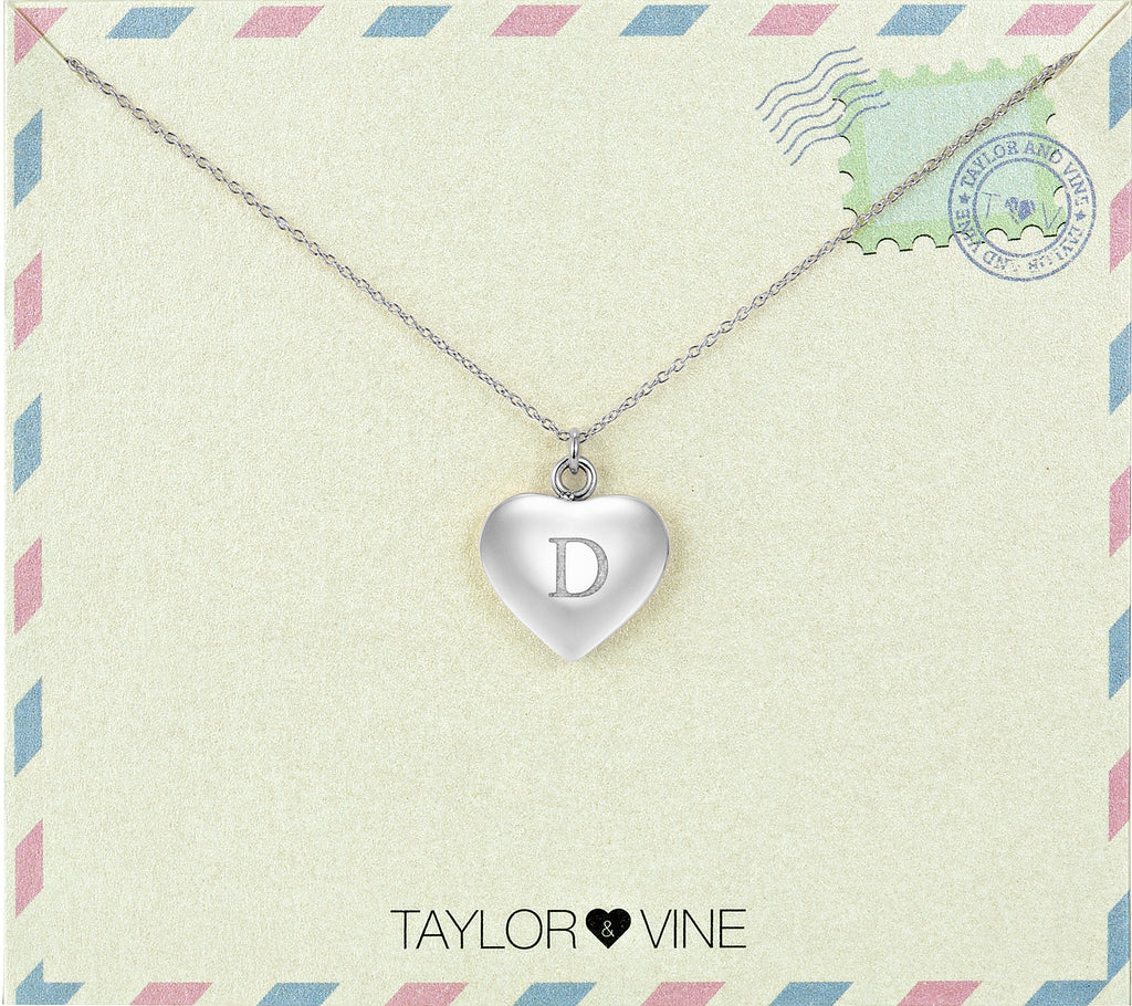 Taylor and Vine Love Letter D Heart Pendant Silver Necklace Engraved I Love You 