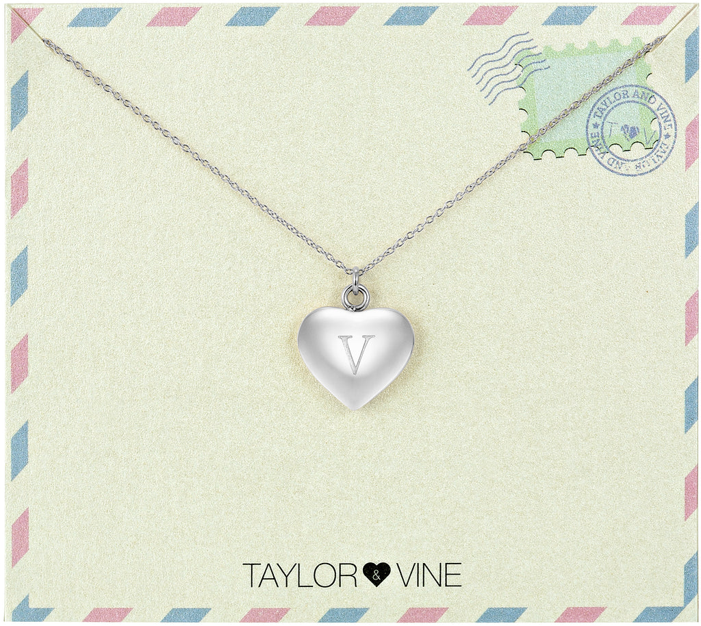 Taylor and Vine Love Letter V Heart Pendant Silver Necklace Engraved I Love You 