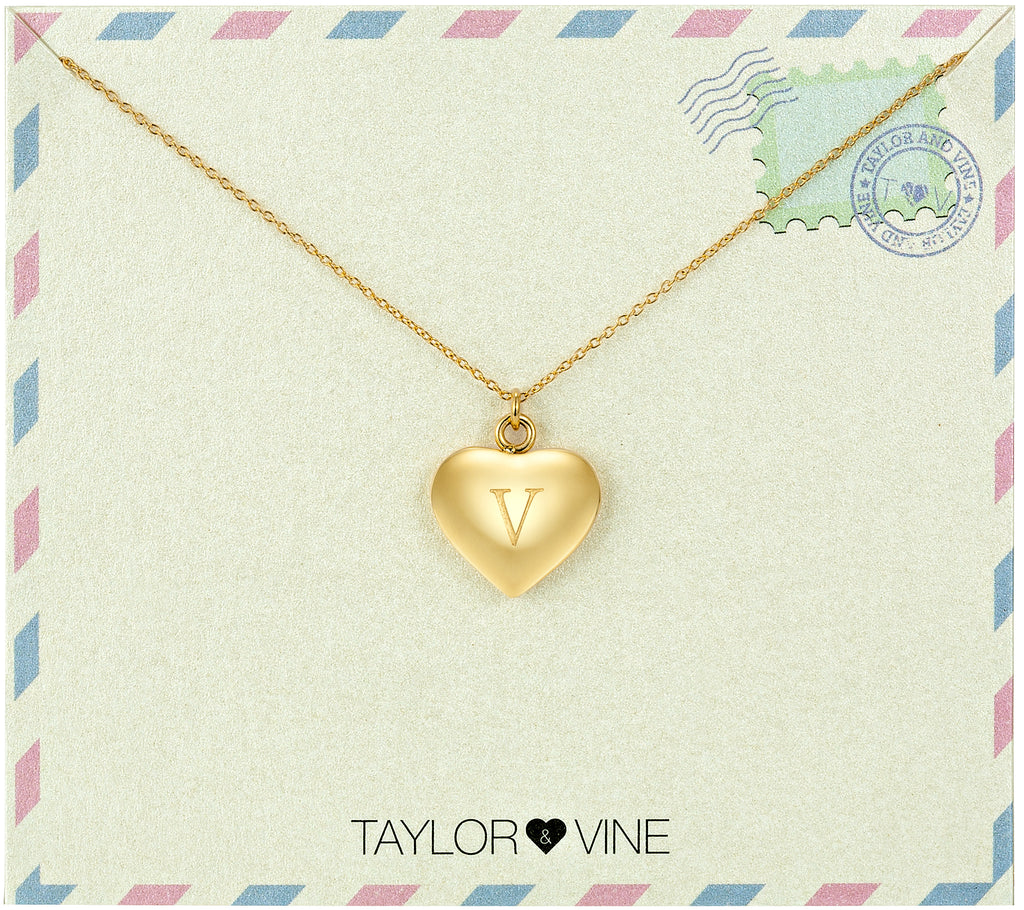 Taylor and Vine Love Letter V Heart Pendant Gold Necklace Engraved I Love You 