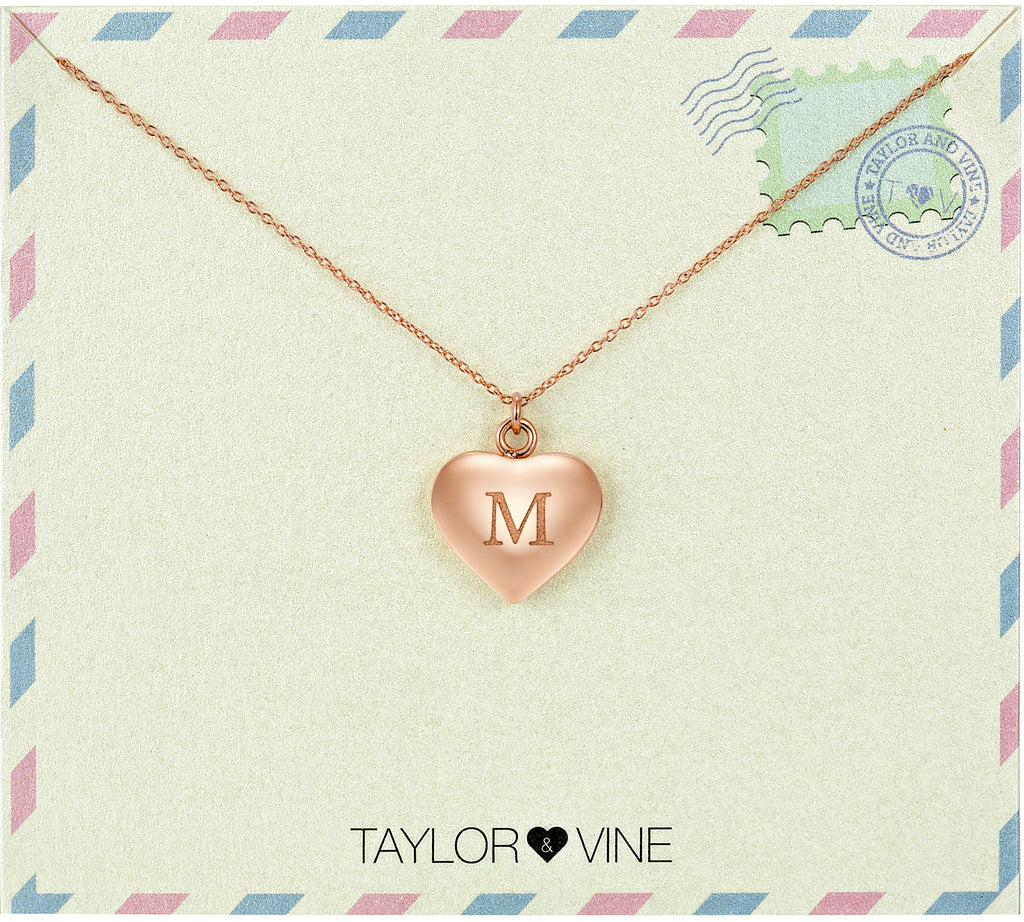 Taylor and Vine Love Letter M Heart Pendant Rose Gold Necklace Engraved I Love You 