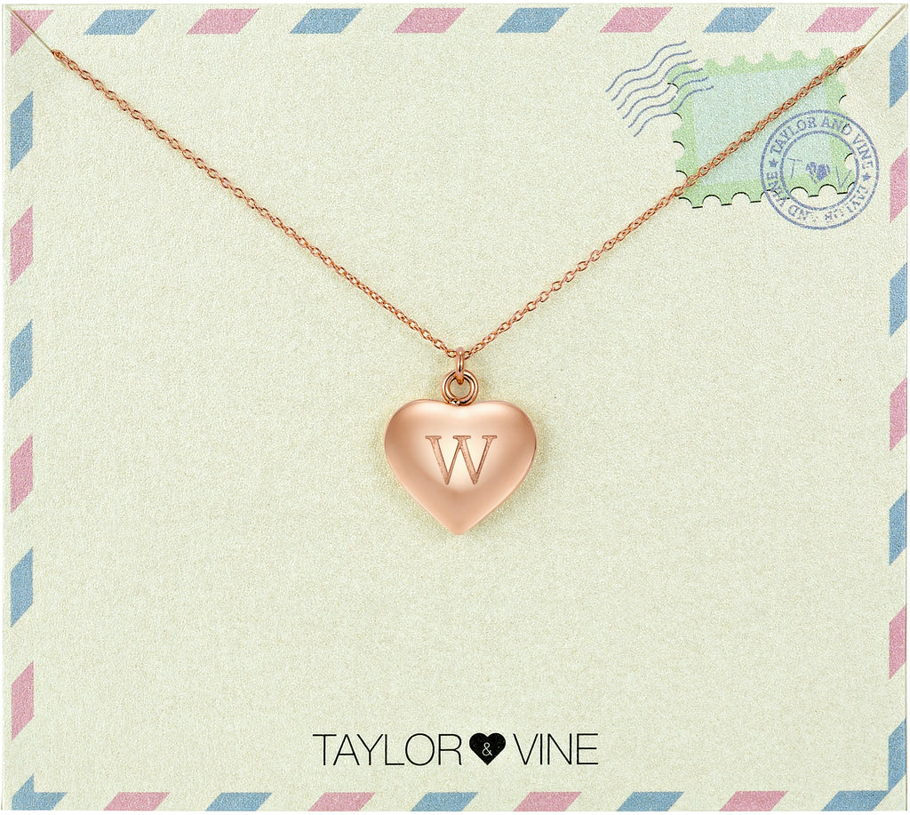 Taylor and Vine Love Letter W Heart Pendant Rose Gold Necklace Engraved I Love You 
