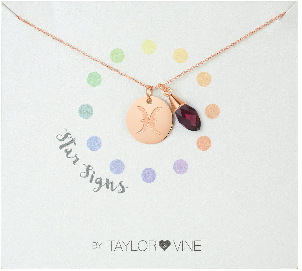 Taylor and Vine Star Signs Pisces Rose Gold Necklace with Birth Stone