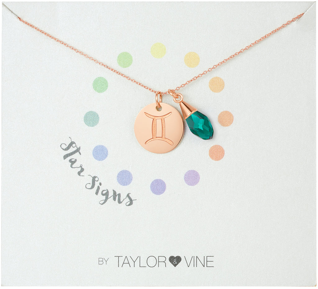 Taylor and Vine Star Signs Gemini Rose Gold Necklace with Birth Stone 