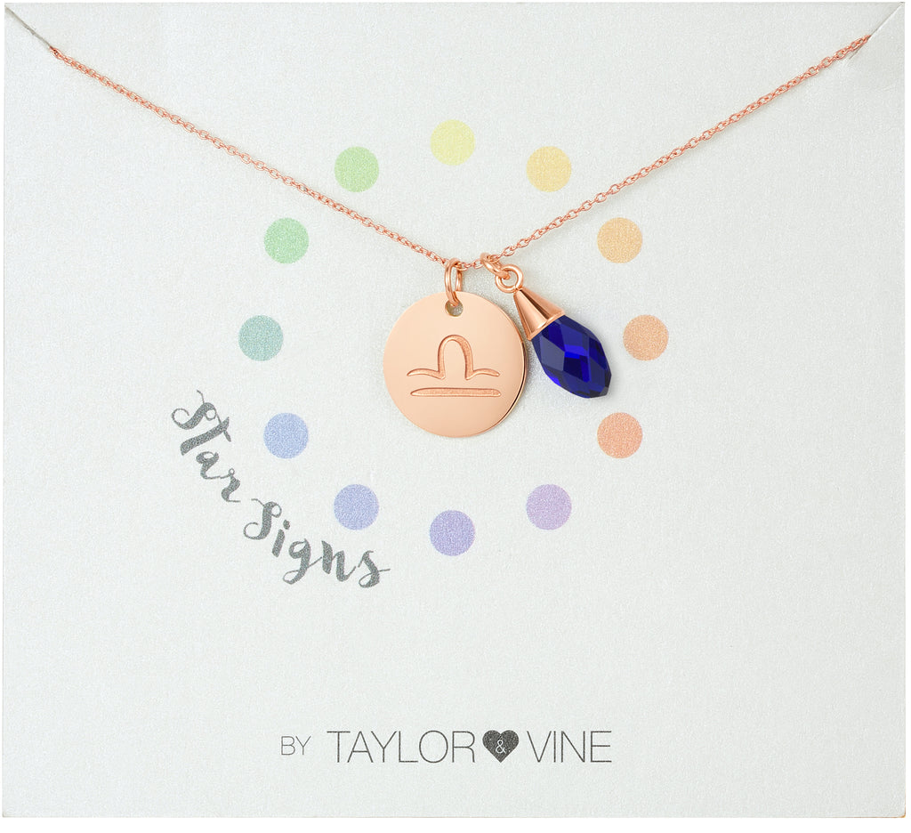Taylor and Vine Star Signs Libra Rose Gold Necklace with Birth Stone
