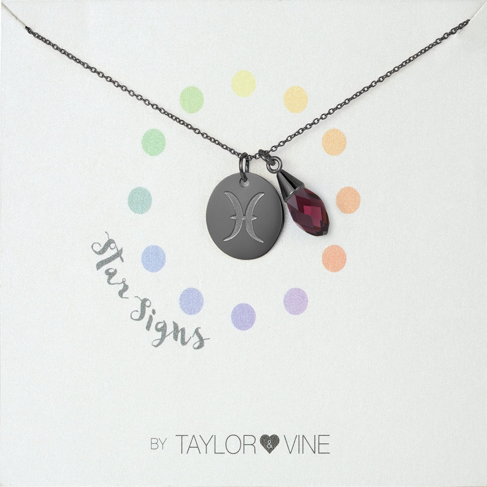 Taylor and Vine Star Signs Pisces Black Necklace with Birth Stone 