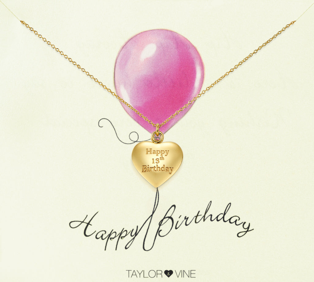Taylor and Vine Gold Heart Pendant Necklace Engraved Happy 13th Birthday 14