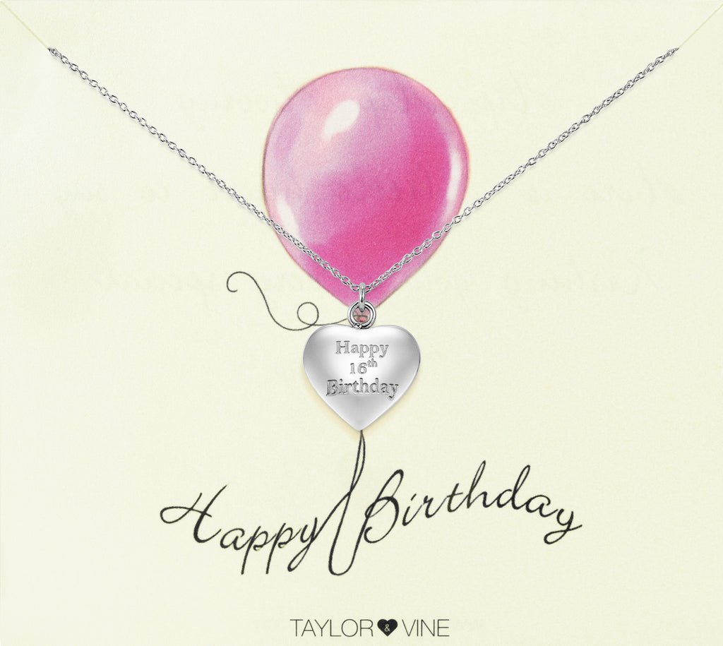 Taylor and Vine Silver Heart Pendant Necklace Engraved Happy 16th Birthday 14