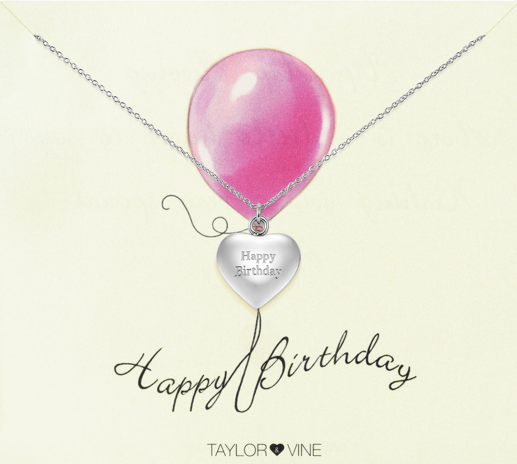 Taylor and Vine Silver Heart Pendant Necklace Engraved Happy Birthday 18