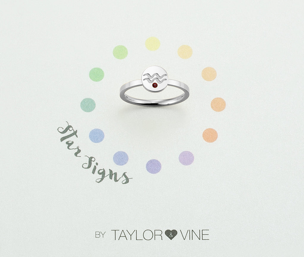 Taylor and Vine Star Signs Aquarius Silver Ring with Birth Stone