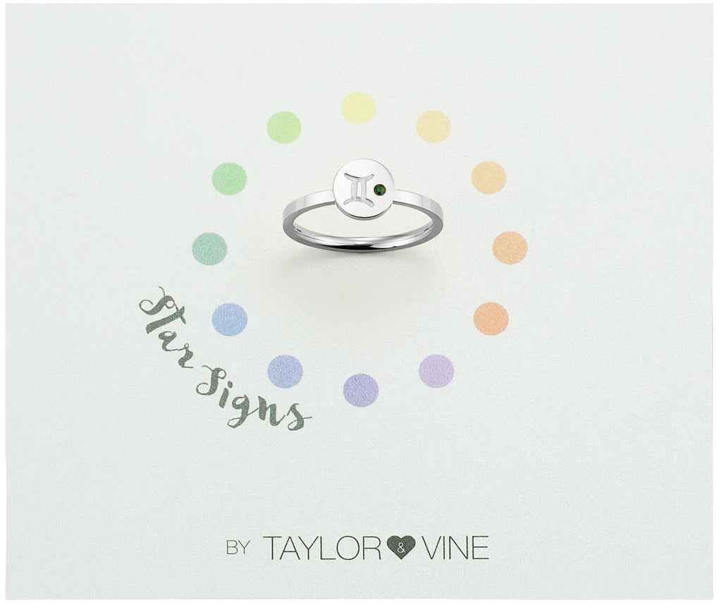 Taylor and Vine Star Signs Gemini Silver Ring with Birth Stone