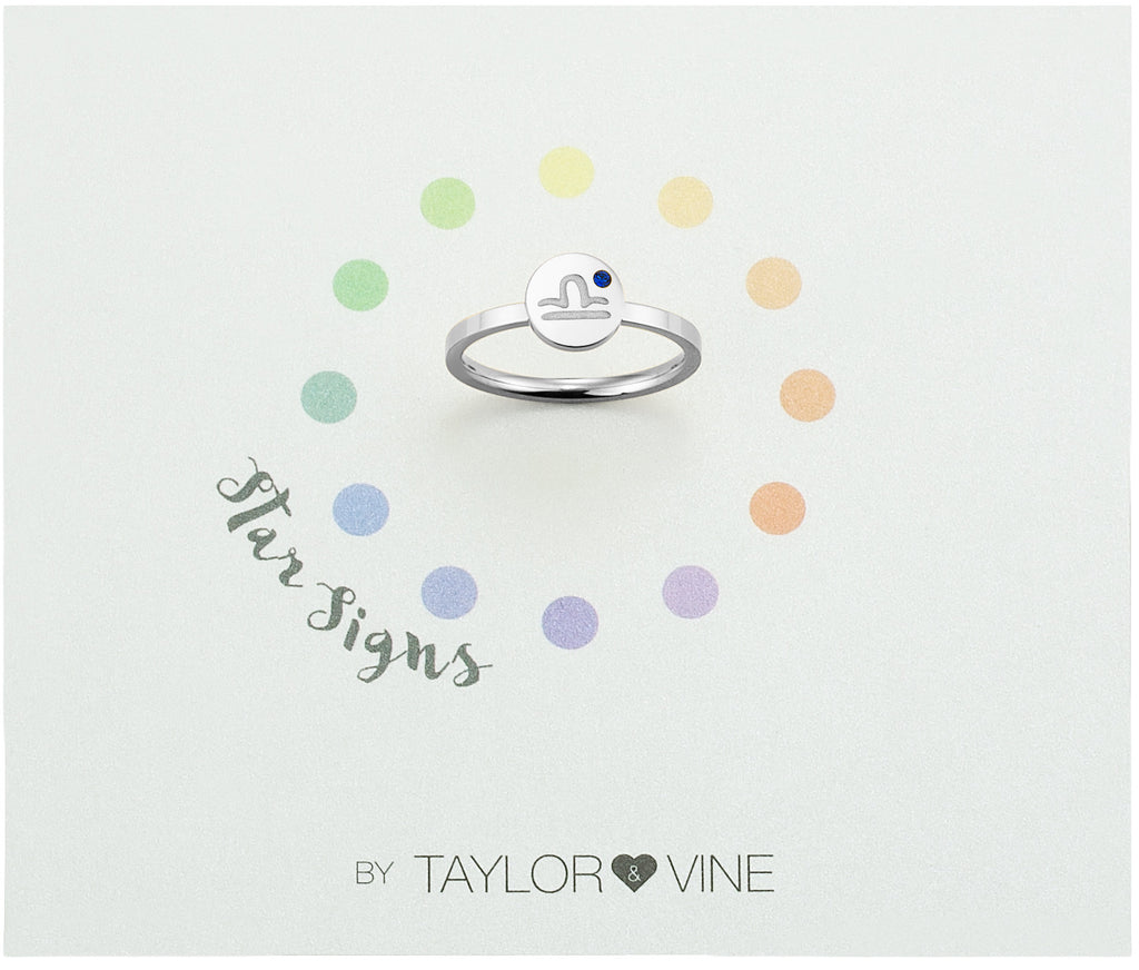 Taylor and Vine Star Signs Libra Silver Ring with Birth Stone