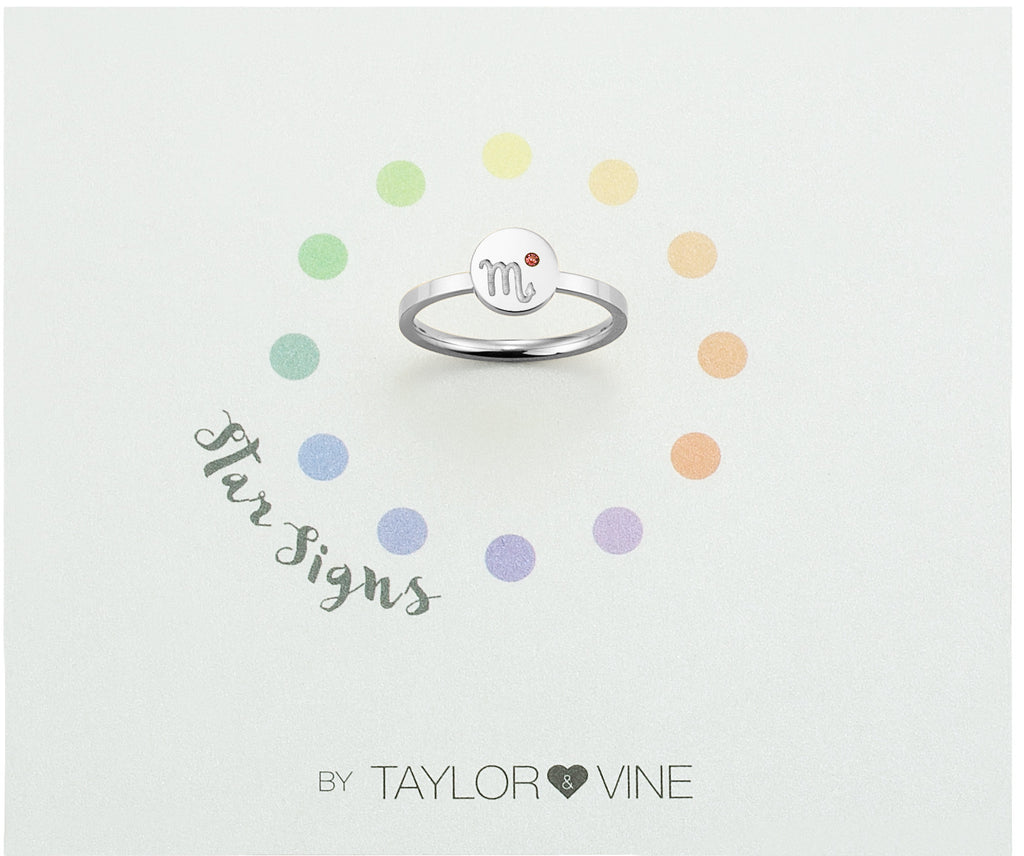 Taylor and Vine Star Signs Scorpio Silver Ring with Birth Stone