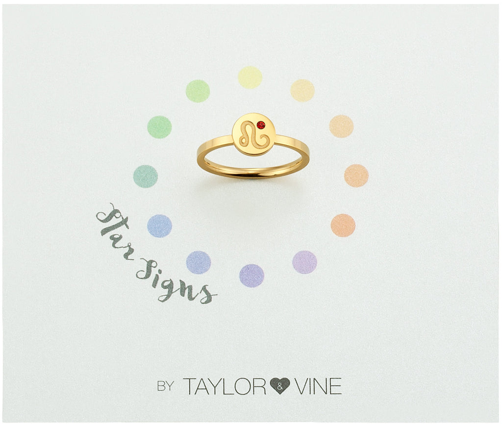 Taylor and Vine Star Signs Leo Gold Ring with Birth Stone