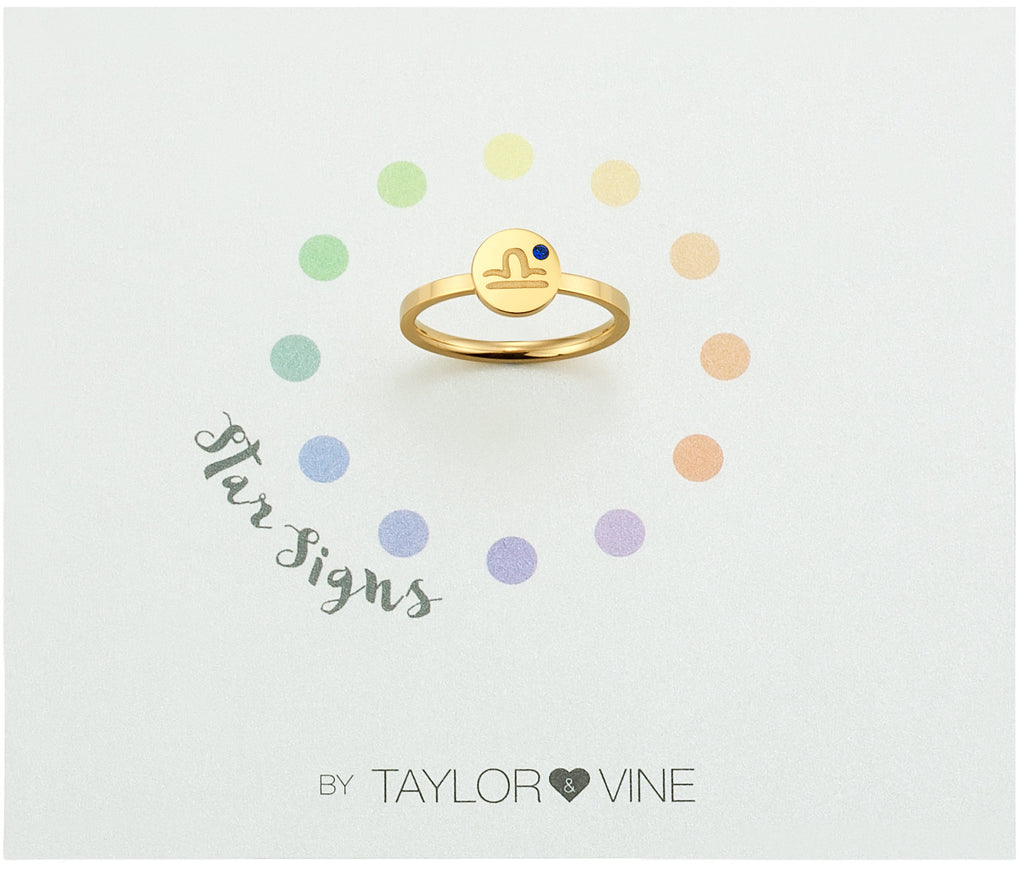 Taylor and Vine Star Signs Libra Gold Ring with Birth Stone