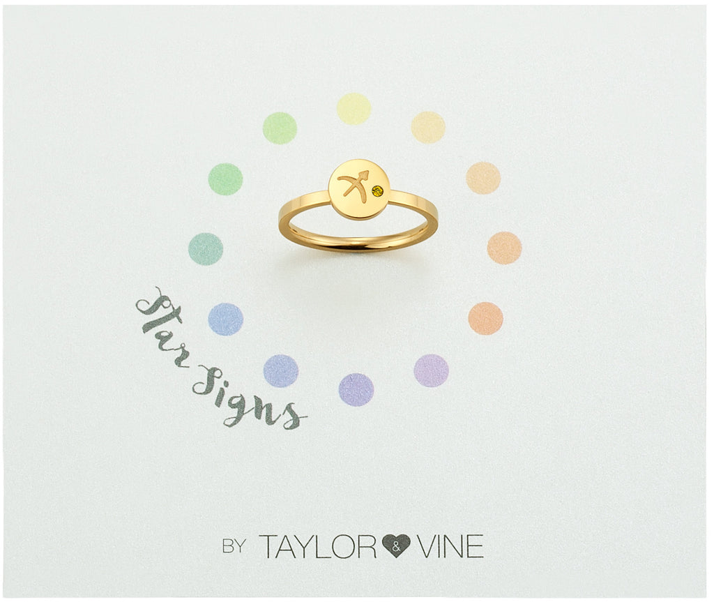 Taylor and Vine Star Signs Sagittarius Gold Ring with Birth Stone