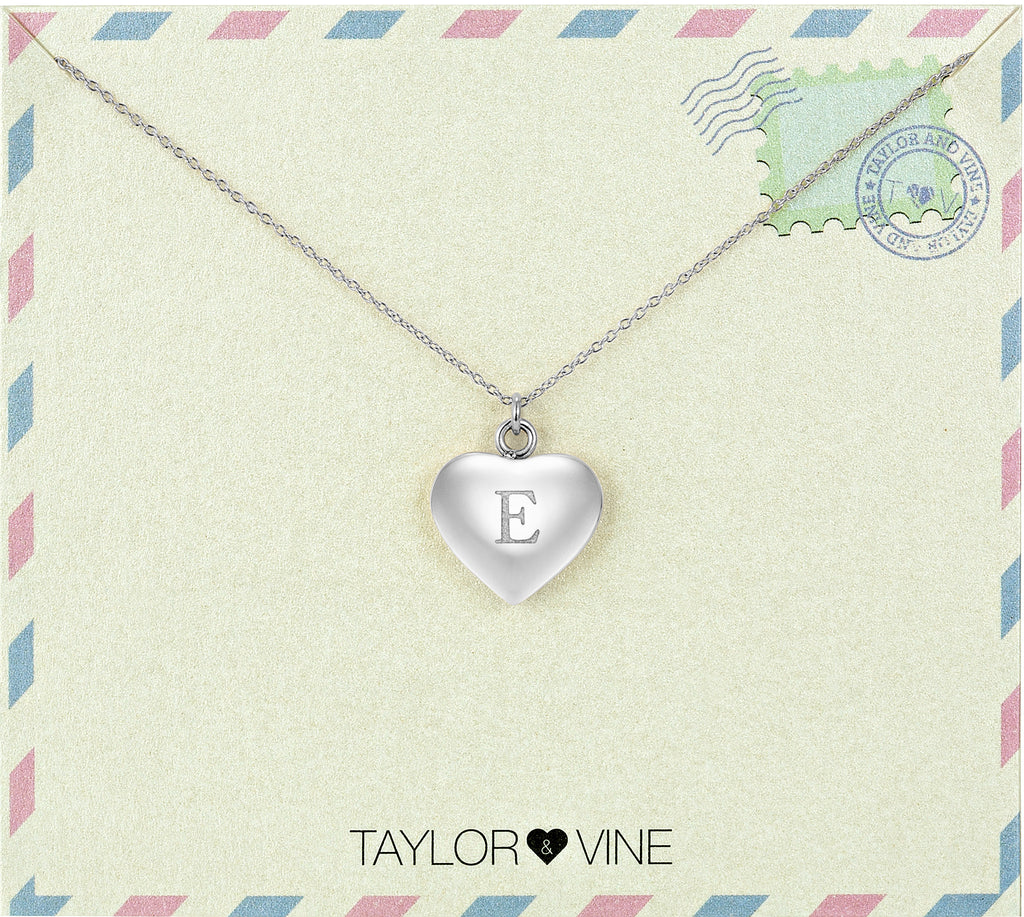 Taylor and Vine Love Letter E Heart Pendant Silver Necklace Engraved I Love You 