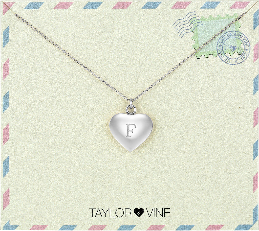Taylor and Vine Love Letter F Heart Pendant Silver Necklace Engraved I Love You 