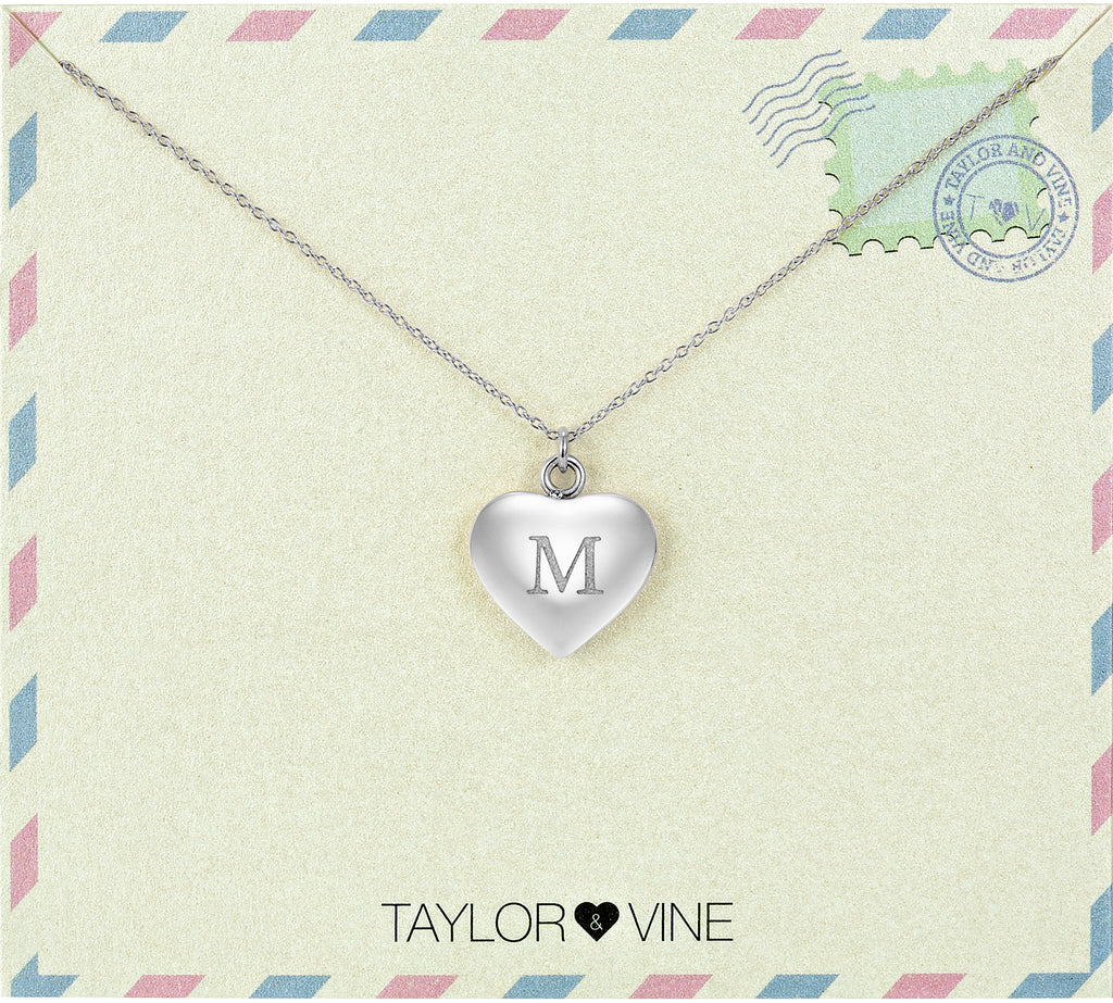 Taylor and Vine Love Letter M Heart Pendant Silver Necklace Engraved I Love You 