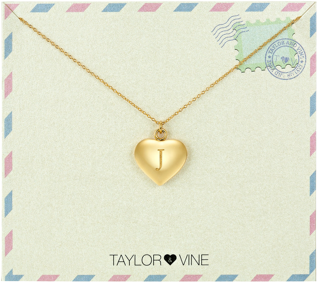 Taylor and Vine Love Letter J Heart Pendant Gold Necklace Engraved I Love You 