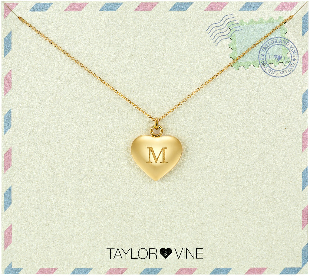 Taylor and Vine Love Letter M Heart Pendant Gold Necklace Engraved I Love You 