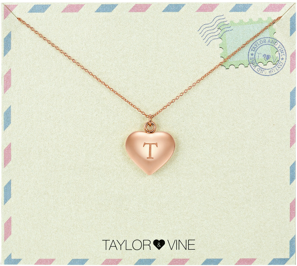 Taylor and Vine Love Letter T Heart Pendant Rose Gold Necklace Engraved I Love You 