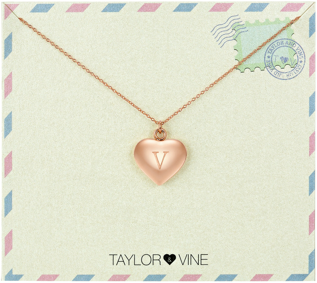 Taylor and Vine Love Letter V Heart Pendant Rose Gold Necklace Engraved I Love You 