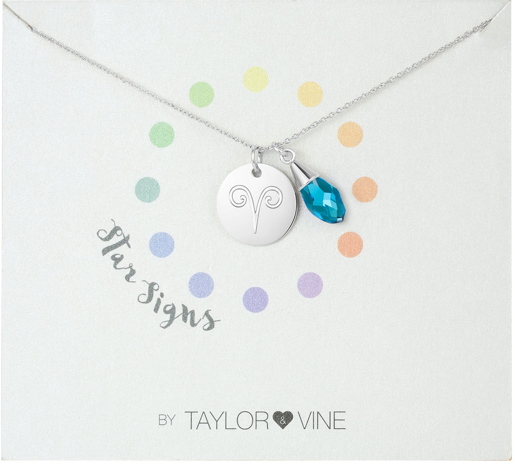 Taylor and Vine Star Signs Aries Silver Necklace with Birth Stone
