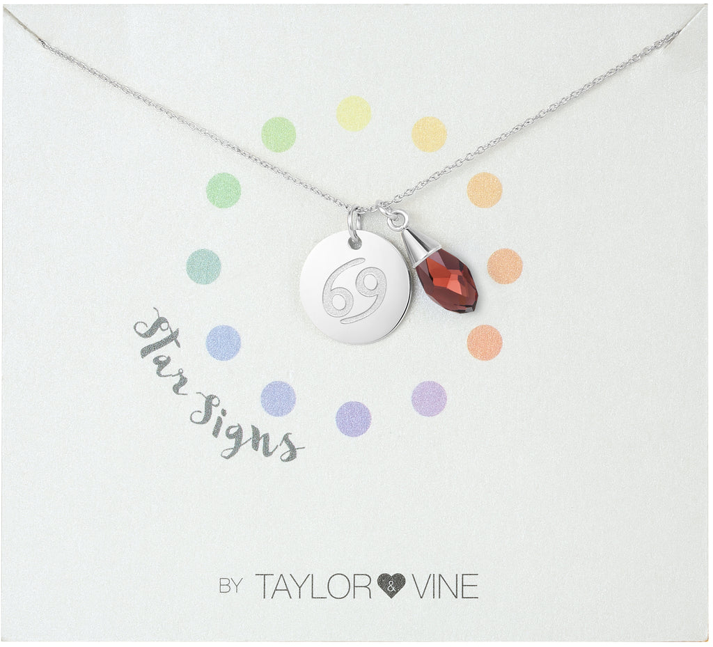 Taylor and Vine Star Signs Cancer Silver Necklace with Birth Stone