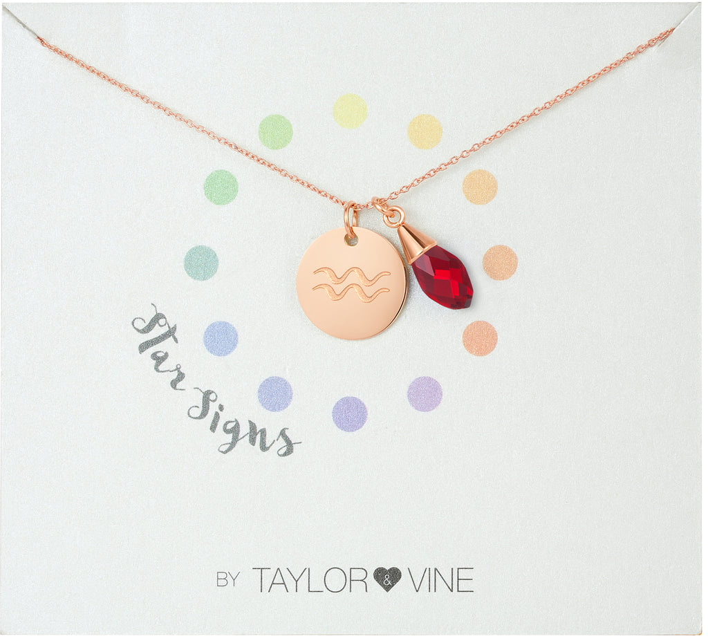 Taylor and Vine Star Signs Aquarius Rose Gold Necklace with Birth Stone