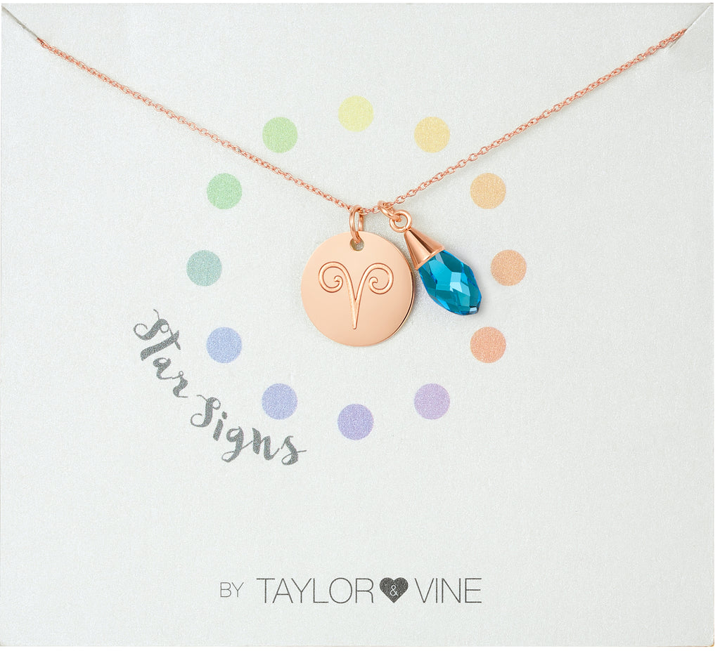Taylor and Vine Star Signs Aries Rose Gold Necklace with Birth Stone 