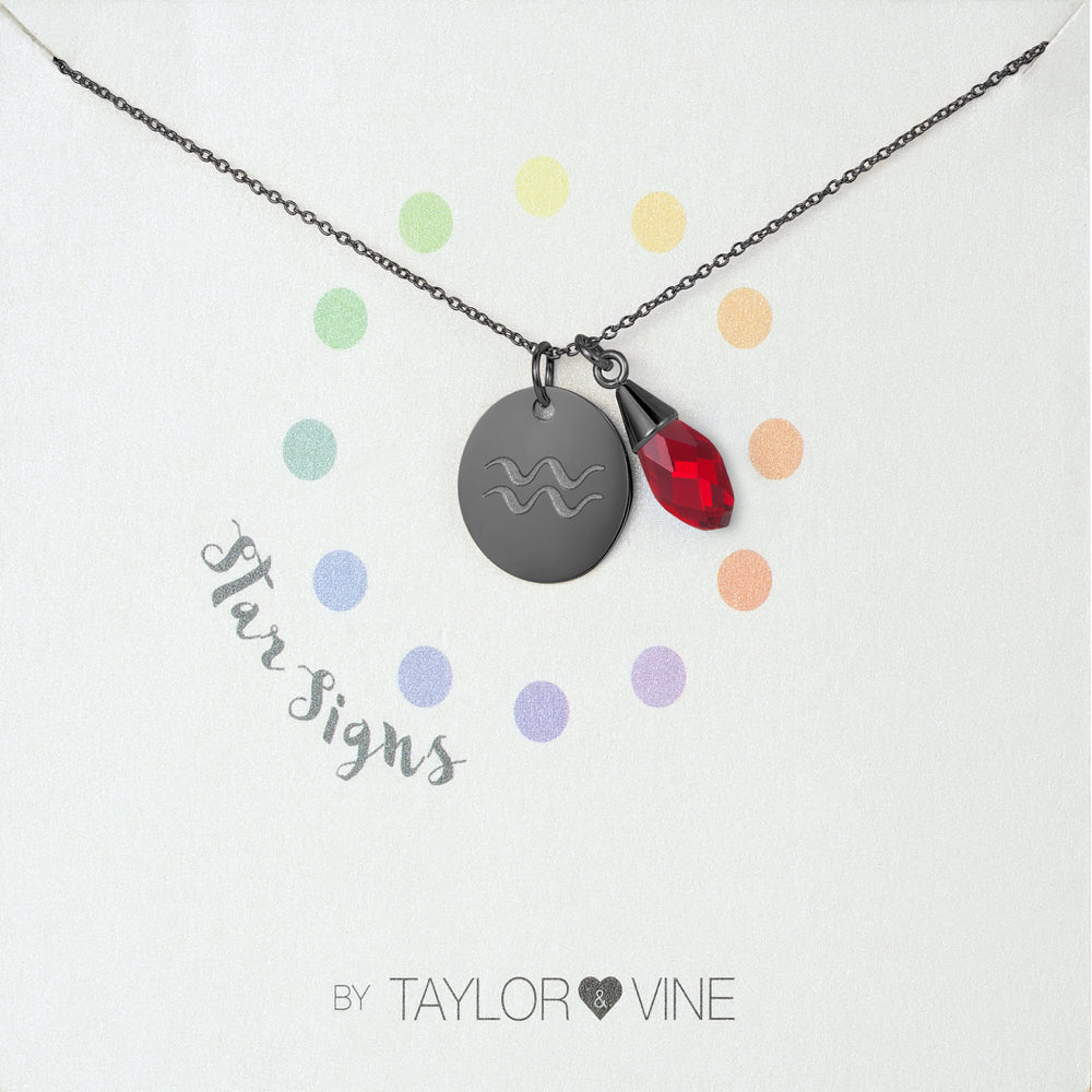 Taylor and Vine Star Signs Aquarius Black Necklace with Birth Stone 