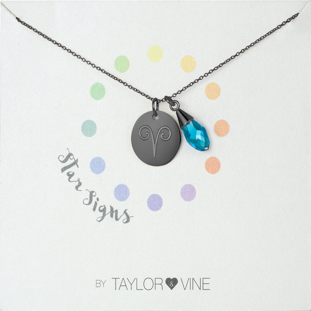Taylor and Vine Star Signs Aries Black Necklace with Birth Stone 