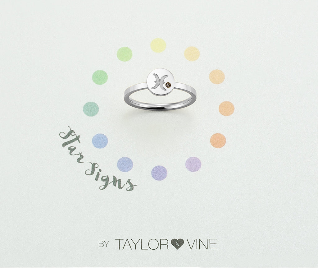 Taylor and Vine Star Signs Pisces Silver Ring with Birth Stone