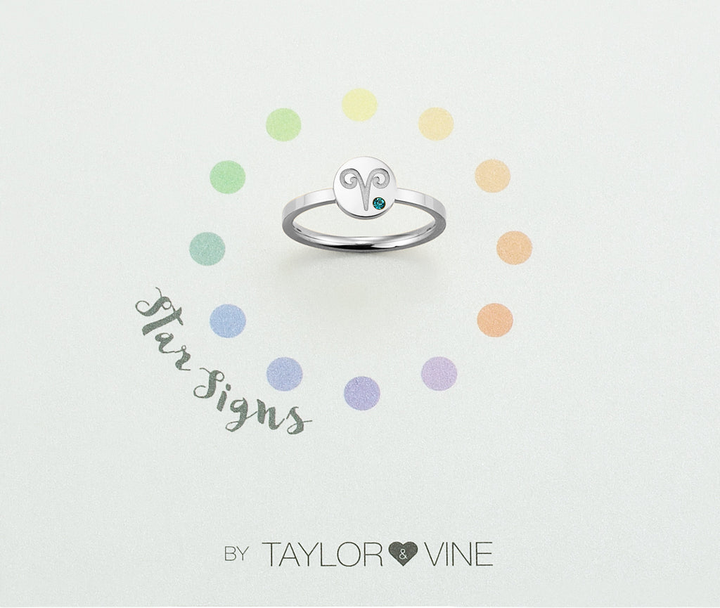 Taylor and Vine Star Signs Aries Silver Ring with Birth Stone