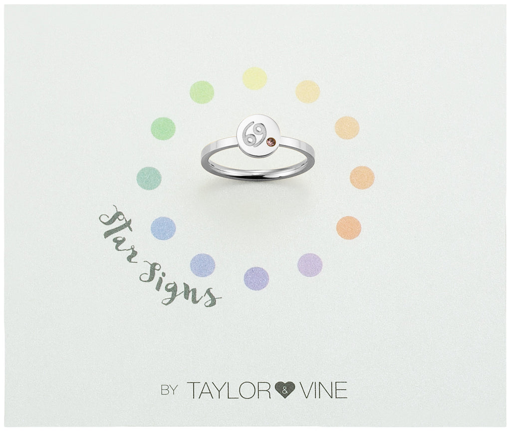 Taylor and Vine Star Signs Cancer Silver Ring with Birth Stone