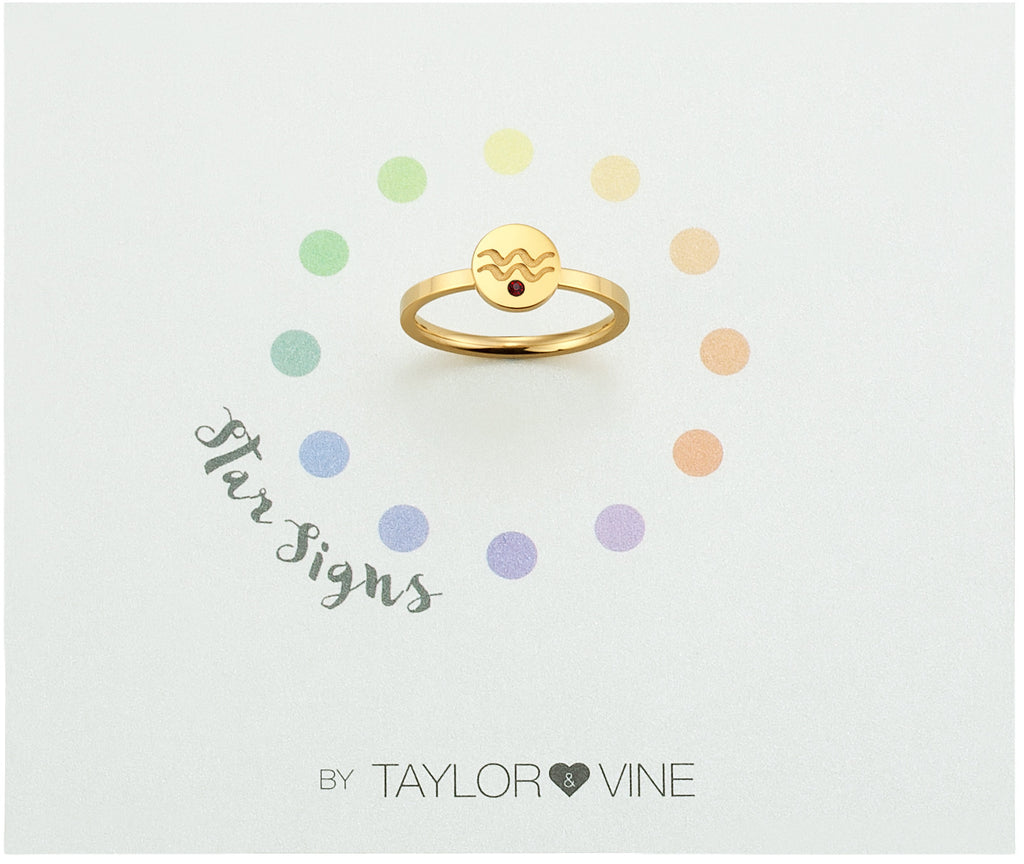 Taylor and Vine Star Signs Aquarius Gold Ring with Birth Stone
