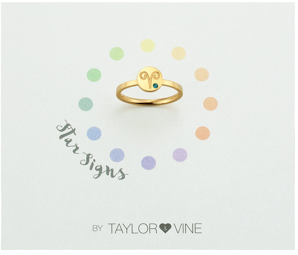 Taylor and Vine Star Signs Aries Gold Ring with Birth Stone