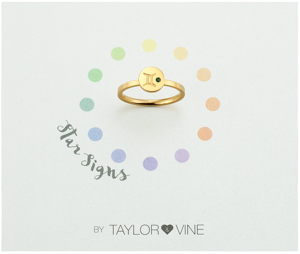 Taylor and Vine Star Signs Gemini Gold Ring with Birth Stone