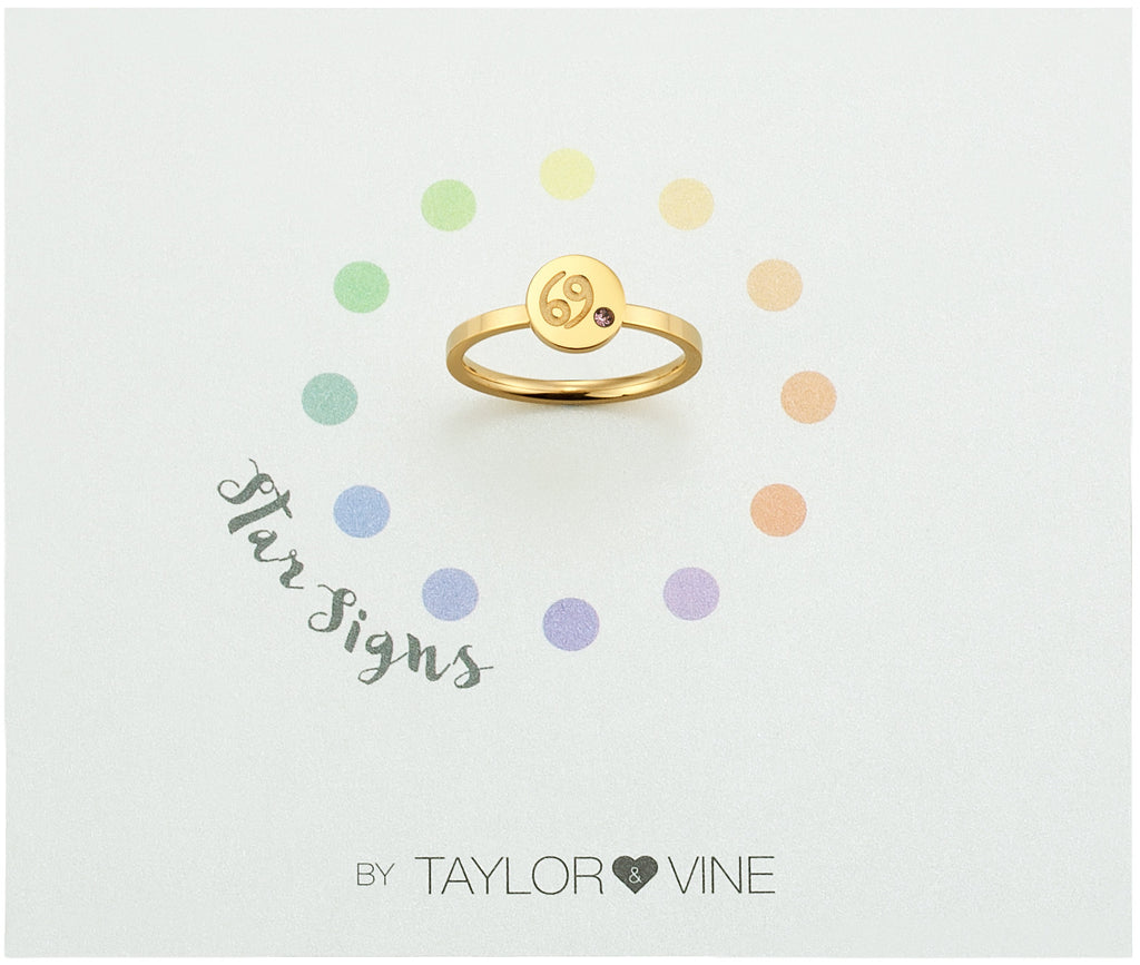 Taylor and Vine Star Signs Cancer Gold Ring with Birth Stone