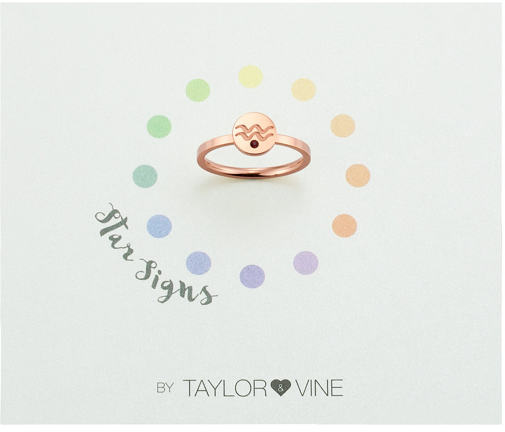 Taylor and Vine Star Signs Aquarius Rose Gold Ring with Birth Stone