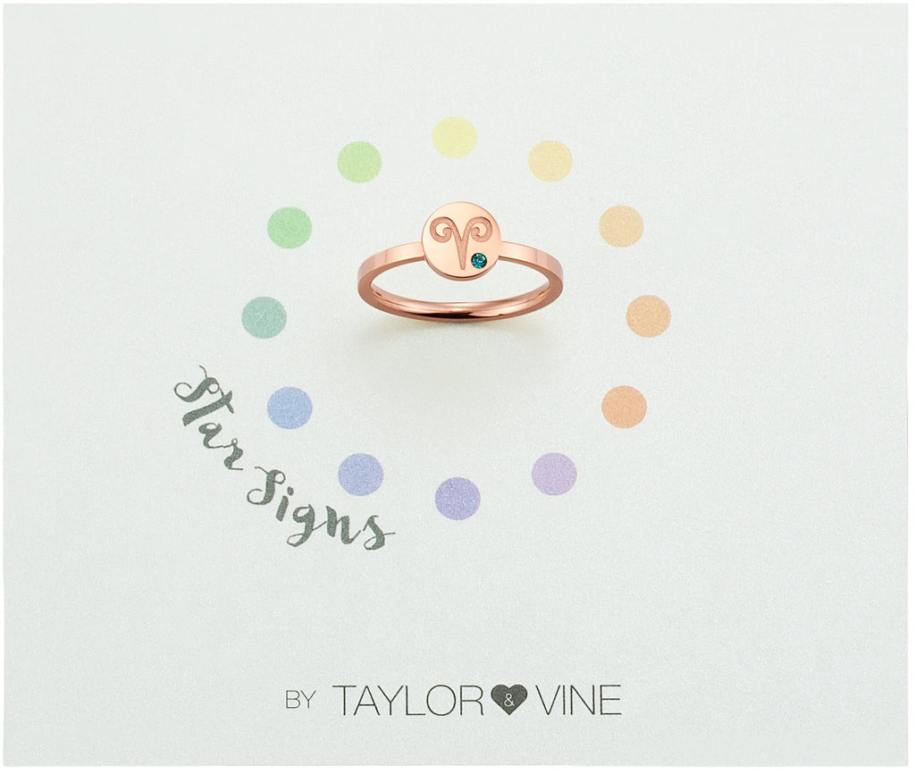 Taylor and Vine Star Signs Aries Rose Gold Ring with Birth Stone